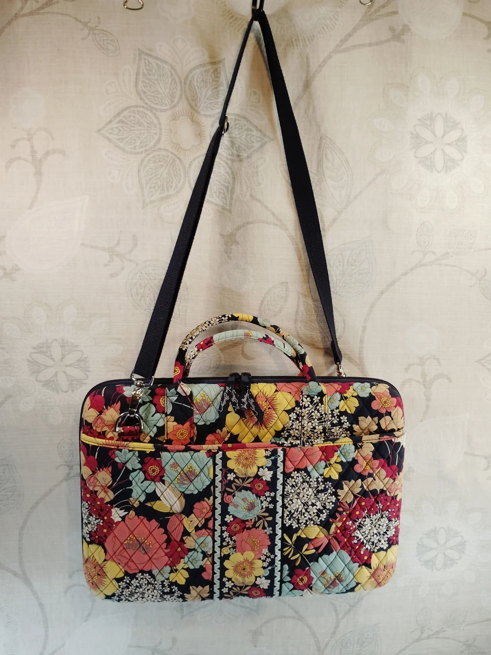 Vera Bradley Quilted Hardshell Laptop/Messenger Bag in Navy,Yellow, Red,